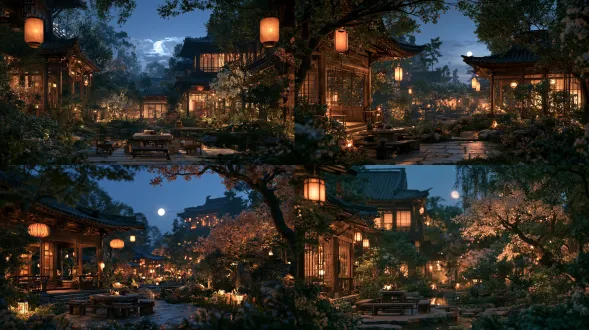 古宋风格的公主庭院，亭子周围植物繁茂，花开不息。特写镜头聚焦于开放式亭子里的石桌和木凳，夜景。电影般的时代剧镜头，35毫米镜头，浅景深，细腻的胶片颗粒感。靛蓝色的夜空，温暖的橙色灯笼光，冷爽的月光轮廓光，柔和的对比，细致的阴影。
