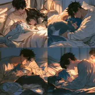 prompt: a tiny fluffy whale girl with blue hair and tail, sleeping peacefully next to a tall handsome anime boy with black hair (186cm tall, broad shoulders, cold expression but gentle eyes, cute tiger teeth). the boy is gently petting the whale girl's head. cozy bedroom, warm light, heartwarming, highly detailed.