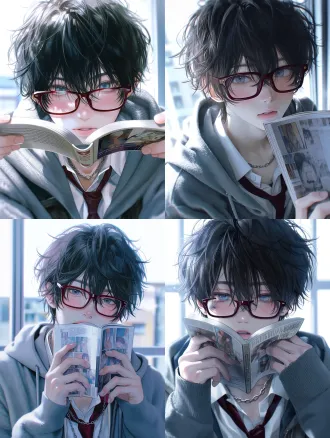semi-realistic anime illustration, 2.5d style, cinematic lighting, highly detailed. a young male student with a youthful boyish face, slightly soft cheeks but clear jawline, cool pale skin. droopy peach blossom eyes looking directly at the viewer, subtle pink blush under eyes. wearing dark red thick acrylic square-framed glasses, natural deep blue eyes. plump glossy lips slightly parted. black slightly long messy mullet hair, voluminous and fluffy, thick bangs covering eyebrows. wearing a slightly oversized grey knit hoodie, a white shirt with an open collar, and a loose dark red tie, silver chain necklace. holding an open comic book with both hands, covering the lower half of his face. bright apartment window background, depth of field, soft cold white lighting, film grain texture, faded polaroid colors