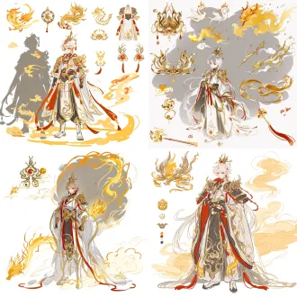 跟据参考图的美术风格，进行角色设计。要设计的角色为帝皇，有玄幻色彩，配色为白、金为主，红色点缀。元素可以选十二章纹、龙、金凤、玉具、唐明光铠、宋山文甲、云肩等、火纹、云雾、国风印花等，不要全用，选一部分即可。需要配合角色设计特效。主要方向还是以图1草图为主，设计做变换和优化，强化角色的威严、冷酷。剪影清晰有辨识度，内部剪裁流畅自然，节奏处理注意疏密有致，注重曲线的美感和飘逸感。可以做现代改良剪裁处理。风格为国风二次元。
