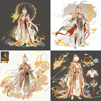 跟据参考图的美术风格，进行角色设计，不对称设计。要设计的角色为帝皇，有玄幻色彩，配色为白、金为主，红色点缀。元素可以选十二章纹、龙、金凤、玉具、唐明光铠、宋山文甲、云肩等、火纹、云雾、国风印花等，不要全用，选一部分即可。需要配合角色设计特效。主要方向还是以图1草图为主，设计做变换和优化，强化角色的威严、冷酷。剪影清晰有辨识度，内部剪裁流畅自然，节奏处理注意疏密有致，注重曲线的美感和飘逸感。可以做现代改良剪裁处理。风格为国风二次元。