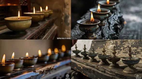 chinese gongbi (fine brush) painting on silk, close-up of a row of [数量] ancient chinese traditional oil lamps (bronze or celadon ceramic bowl-shaped vessels, no glass covers, no handles, no kerosene lanterns) arranged in a neat row on a dark, weathered wooden altar. each lamp holds a small, steady, and calm warm flame — soft, clean, and gentle light (no thick smoke, no chaotic fire). the lamps have subtle, elegant traditional patterns. the background is vast, serene negative space (xuan paper white or soft ink-wash dark). symbolizing "lighting the lamp of wisdom" with quiet dignity. delicate brushwork, mineral colors (bronze brown, warm candlelight gold, ink white)