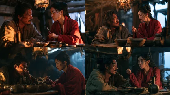 黄昏破山酒馆，旧木桌摆粗陶酒碗铁酒壶，破灯笼悬顶，麻袍流浪汉半脸暖光半脸阴影，朱砂袍女子持银针冷眼相对，50mm中景，蓝灰暮色，冷暖对比，16:9画幅