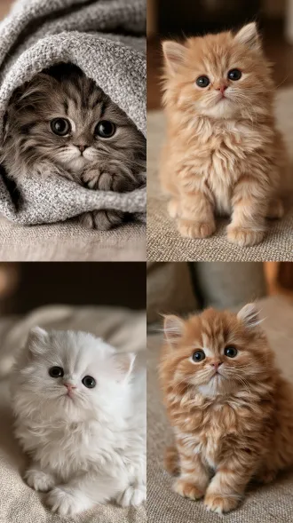single kitten, slightly older than newborn baby cat, round chubby face, huge round dark eyes, thick fluffy long fur, cute innocent expression, fluffy longhair cat, close up shot, soft linen fabric background, warm dim ambient side lighting, soft gentle shadow, realistic pet photography, shallow depth of field, ultra-detailed fur texture, healing atmosphere, 8k