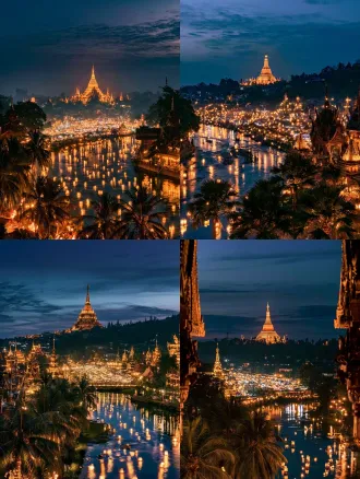 广角纪实风景，西双版纳告庄，拱桥机位远眺，远处大金塔，下方铺开灯火夜市，前景热带棕榈树，河流蜿蜒穿过画面，零星小灯笼，深暮色天空，水面淡淡的灯光倒影，真实夜景摄影，轻微三脚架长曝光柔感，自然夜景噪点，佳能 r5，24mm f4，低饱和暖调，安静氛围