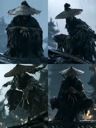 full body character design of a tall thin male assassin, wearing a bamboo hat and torn black rags, perched on rooftop edge like a bird of prey, holding three throwing darts between fingers, piercing hawk-like eyes, wet from rain, night atmosphere, wuxia villain, photorealistic, 8k, moody cinematic lighting, shot by zhang yimou