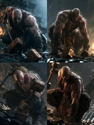 full body character design of a short muscular brute assassin, bald head, scarred face, wielding twin copper hammers, crouching on roof tiles ready to pounce, rain splashing off his shoulders, aggressive stance, night scene, wuxia villain, photorealistic, 8k, dramatic backlight, shot by peter pau
