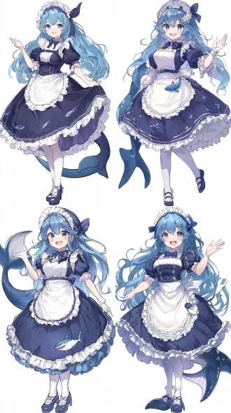 masterpiece, best quality, 1girl, solo, cute whale girl, anthropomorphic whale, light blue long wavy hair, ahoge, blue eyes, bright smile, open mouth, sharp shark-like teeth, whale fin ears, whale tail, white frilly maid headdress, blue hair bow, dark blue and white maid dress, long sleeves, puffy sleeves, white apron with a small whale embroidery, multi-layered long skirt, white ruffled petticoats, striped skirt, ribbon bows on skirt, white tights, dark blue mary janes, dynamic pose, holding skirt out, waving hand, anime style, 2d illustration, cel shading, flat color, clean lineart, highres, vibrant colors, white background.