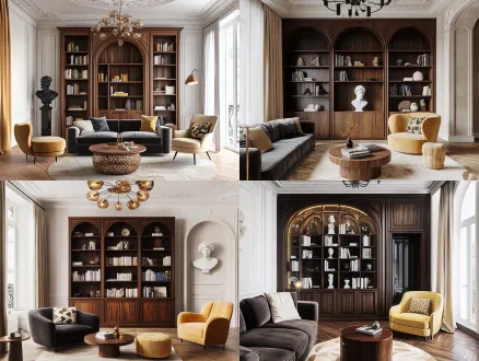 mid-century french retro style living room, dark walnut solid wood full-wall bookcase with rattan hollow woven decoration and arched curved edge detail, herringbone parquet floor, vintage 6-head black iron chandelier, carved plaster medallion on ceiling, slotted louvered ceiling cornice, cream beige carpet with vintage floral pattern, dark grey fabric sofa, caramel solid wood round side table, cream yellow wingback armchair with printed throw pillow, round geometric pattern footstool, plaster bust sculpture, retro ceramic vases and stacked books placed on bookshelf, arched doorway, beige linen curtain, white wall wainscoting, warm soft diffused afternoon natural light, low saturated warm brown cream color palette, photorealistic interior photography, soft shadow, rich detail, 8k,