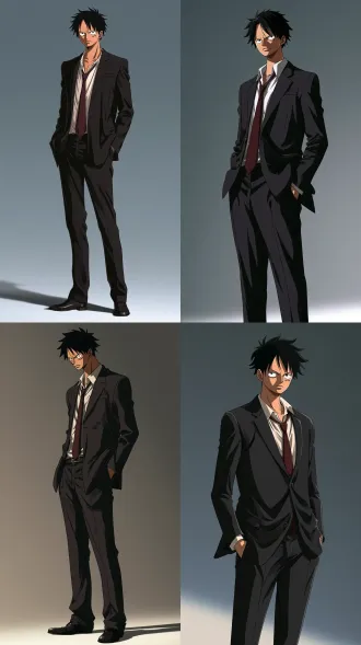 full body shot, monkey d. luffy from one piece, new world version, 180cm tall, tall and athletic build, short black hair, scar under left eye, x-shaped scar on chest, handsome cool expression, firm eyes, slight closed mouth, wearing well-tailored black suit, white shirt, dark red tie, one piece anime cel shading style, sharp clean line art, cinematic soft lighting, low angle, subtle studio background, ultra detailed, 4k, high detail ### ❌ negative prompt chibi, big round face, laughing, straw hat, flip flops, vest, shorts, deformed, bad anatomy, extra limbs, blurry, low quality, cute style, gear 5