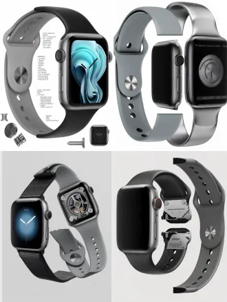 an exploded view of the apple watch series 11 smartwatch, industrial design and educational science style, 3:4 vertical composition. the components are separated along the central vertical axis with uniform spacing, showing the assembly logic. the parts include the aluminum case, oled screen, internal chip, battery, heart rate sensor, taptic engine, speaker, screws, and a black silicone sport band. the exploded parts retain their original material textures and colors (matte aluminum, glossy glass, black silicone, metallic circuit boards). clean and precise handwritten annotations with thin lines, numbers, and text indicating functions and materials next to each component. pure white to light gray gradient background, highly detailed, 4k resolution, octane render, studio lighting, macro photography, highly readable, professional engineering textbook illustration style.