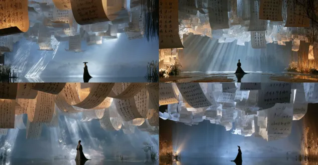 a magnificent poetic chinese stage design centered on qu yuan features a large outdoor theater where enormous floating bamboo scroll scrolls hang from the ceiling. handwritten in chu script, the scrolls display verses from "li sao" and "tian wen" (chu ci), gently swaying in a soft airflow. at the center of the stage stands qu yuan, an ancient chinese scholar dressed in a dark curved-hem robe of chu style and wearing a tall, high-crowned hat, his expression serene and contemplative. the stage floor reflects the silk scrolls like a still mirror. a light mist lingers, with soft side backlighting creating a sacred beam effect through the tyndall phenomenon, interwoven with hazy ambient lighting. decorative elements include orchids, zhi grass, and calamus, while in the background, the silhouette of distant yunmeng marsh faintly appears. the overall aesthetic is elegant, solemn, ethereal, and beautiful, featuring cinematic-level lighting and visual effects—realistic, dramatic scenery, minimal actors, strong depth perception, and 8k resolution.