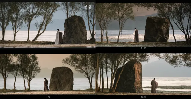 chinese ink-style stage backdrop, wide distant large scene, ancient charm, quiet and simple atmosphere. wang fuzhi in traditional ming robe stands alone by xiangjiang river, facing a huge rough stubborn stone, the stone symbolizes unyielding integrity and independent spirit. sparse trees on river bank, gentle river water, gravel shoal, faint distant mountains. soft diffused morning natural light, desaturated earth tone, muted brown-gray palette, tranquil and solemn mood. minimalist stage set design, cinematic soft lighting, shallow depth of field, 16:9 wide screen, 8k, chinese aesthetic, stage rendering, no copy of reference movie shot.