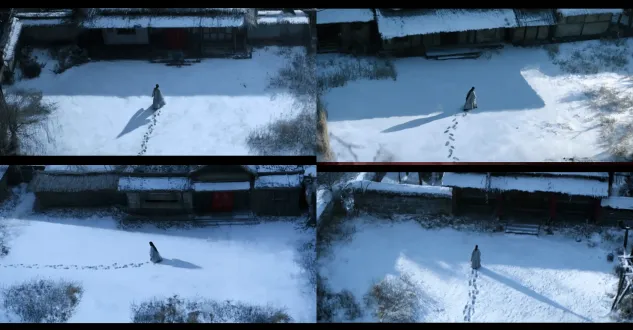 chinese interpretation reference: a large scene overlooking from high above, a chinese aesthetic stage backdrop, an ancient thatched old house in the snow, wang fuzhi walking alone in the snow in a ming dynasty confucian robe, leaving a series of footprints behind him, the slanted morning light making the scene seem as if it was both light and dark, wang fuzhi walking in the darkness, but his footsteps have already stepped into the light space, ancient and quiet, desolate and quiet, snow-covered courtyard, frost-dried and sparse grass, soft winter twilight diffusing, clear and cold light blue and gray low saturated tones, simple artistic dance setting, film soft light, shallow scene deep, light ink texture, 8k, effect diagram, stage screen, 16:9.