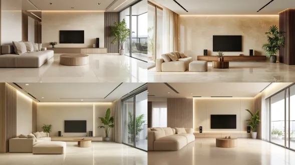 photorealistic interior design render, modern minimalist creamy style living room panoramic view, from dining room looking towards living room, wide-angle normal perspective, 8k ultra hd. warm beige color palette, realistic material textures, soft and delicate lighting, clean and transparent. layout: left side is the sofa background wall, clad with large-format light beige glossy tiles, same-color epoxy grout to minimize seams, rounded corners on tile edges. a light beige blocky fabric sofa against the wall. right side is the tv background wall, finished with warm beige matte art paint, no glossy tiles. a wooden floor-standing tv cabinet (no floating, no bottom light strip), symmetrically placed two realistically scaled, compact huawei sound speakers on the cabinet top, and a tall slender potted plant. a wooden round-corner coffee table in the middle. floor paved with light beige glossy large tiles, seamlessly extending to the balcony. ceiling & lighting: completely flat ceiling, no height differences, no stepped drop ceilings. hidden linear led strips around the perimeter. a few orderly anti-glare downlights in the center, minimal design. 4000k neutral warm white light, high cri. negative prompt: no stepped ceiling, no dense downlight array, no oversized speakers, no purple color cast, no cluttered ornaments, no extra decorations, no exaggerated glare, no dark and dirty image, no deformed furniture, no distorted perspective, no bottom light strip, no ceiling steps.