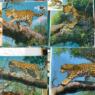 请画一幅豹子在横向树干上爬行，类似宫崎骏绘画风格，并生成绘画步骤，类似参考图，只用出一幅画