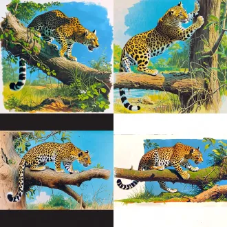 请画一幅豹子在横向树干上爬行，类似宫崎骏绘画风格，构图完全依据参考图，只用出一幅画
