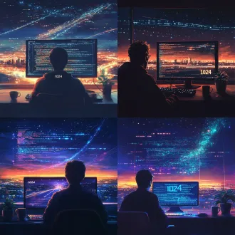a cinematic digital art illustration for programmers: a silhouetted programmer in front of a glowing computer screen at night, gazing into the distance; code comments on the screen transform into a luminous star trail leading to a futuristic city and open road; subtle glowing "1024" light halo, keyboard glow, coffee cup and small green plant, symbolizing patience, creativity and life balance; blue-purple and warm-orange contrast lighting, detailed light and shadow, wide composition, inspirational and gentle mood, high-quality poster style, minimal text, avoid complex typography.