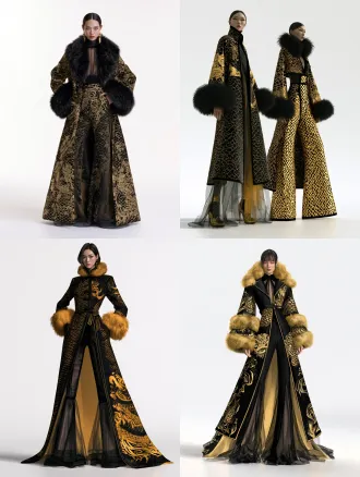fashion rendering, full body front view, tall oriental female model, chinese lion dance inspiration, high saturation black and gold, winter long outerwear pantsuit, elegant structured long coat, high waisted wide leg trousers, sheer chiffon and tulle underlayer, fluffy fur cuffs and fur collar, delicate lion scale embroidery, lion eyebrow pattern on coat front, intangible cultural heritage, elegant yet wild luxury fashion, strong personality, clean plain white background, studio lighting, fashion design illustration, ultra detailed textures
