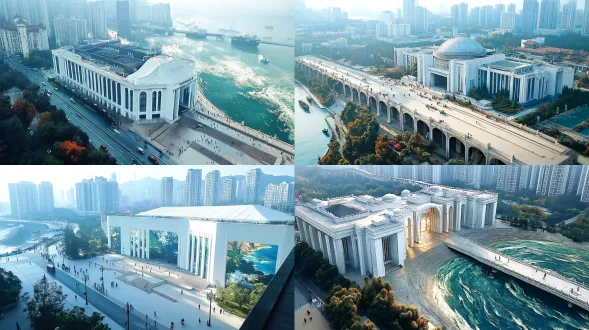 超现实数字艺术，大连星海广场景观融合微缩模型与厚涂油画质感长卷：在铺满屏幕的带纹理绢本画布上，以全景长卷形式铺陈3d微观建模（大海波光粼粼，跨海大桥、百年港湾）。画面采用厚涂油画笔触（以刮刀堆叠的黛青色与水墨白颜料塑造海岸线）视角采用微缩移轴俯视，富有空间纵深感。空中缭绕着海边云雾，超级细节，体积光穿透云雾，质感融合了古典水墨韵味与现代材质感。