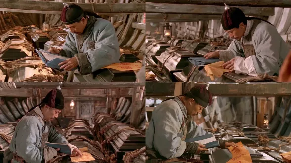 a wide establishing shot from a live-action chinese historical drama, with the clear costume colours, soft facial modelling and practical set realism associated with classic 1990s chinese television. interior of a chinese wooden coffin transport sailing ship on the yellow sea, late autumn 1894, at night during a storm. the viewpoint is near the cargo-hold entrance, slightly below the official's eye level. heavy horizontal beams press across the upper frame. curved hull ribs and fitted planks clearly establish the ship's structure. adult-sized black-lacquered chinese wooden coffins fill the hold in closely packed single-layer rows. their substantial bodies and thick curved lids remain individually recognisable. coarse hemp ropes lash them securely to wooden deck anchor points. a continuous central passage is only wide enough for a man to move sideways. the rows extend beyond the visible frame, suggesting a full cargo of thirty-seven coffins without displaying every coffin. zhou jingzhi, a chinese minor civil official around forty, stands sideways in the right middle ground beside the nearest coffin. he has a lean weathered face, a sparse moustache, a shaved front scalp and a long queue. he wears a stone-blue qing official robe with a modest square rank badge, and a black winter official hat with dark red tassels and a small silver finial. his left hand supports an open blue cloth-bound register close to his chest. his right hand presses a narrow ochre-yellow paper talisman with cinnabar-red brush marks flat onto the coffin lid. his head is lowered toward the register, his lips slightly parted as he quietly reads a name. his stance is braced against the roll of the ship, one shoulder close to the coffin. his expression is solemn and absorbed in his duty. the working hand and yellow talisman form the clearest local focus. his face and blue register form the second focus. the narrow aisle guides the eye toward readable coffin shapes in the rear hold. a partial foreground coffin adds depth without hiding the action. one small period oil lantern hangs from a ceiling beam near the upper edge, caught slightly off vertical. pale amber lamplight falls across his fingers, face and the nearby lids. gentle reflected fill preserves detail in the dark robe, ropes and hull ribs. the background is dimmer but spatially readable. distinct stone-blue cloth, indigo binding, dull yellow paper and red brush marks against deep brown-black timber. natural warm skin, soft tonal transitions, restrained lacquer reflections, sturdy rope fibres and worn but structurally sound wood. a lightly damp deck, before flooding begins. moderate depth of field, mild optical softness, clear material detail and sober observational staging.