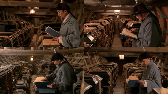 a wide establishing shot from a live-action chinese historical drama, with the clear costume colours, soft facial modelling and practical set realism associated with classic 1990s chinese television. interior of a chinese wooden coffin transport sailing ship on the yellow sea, late autumn 1894, at night during a storm. the viewpoint is near the cargo-hold entrance, slightly below the official's eye level. heavy horizontal beams press across the upper frame. curved hull ribs and fitted planks clearly establish the ship's structure. adult-sized black-lacquered chinese wooden coffins fill the hold in closely packed single-layer rows. their substantial bodies and thick curved lids remain individually recognisable. coarse hemp ropes lash them securely to wooden deck anchor points. a continuous central passage is only wide enough for a man to move sideways. the rows extend beyond the visible frame, suggesting a full cargo of thirty-seven coffins without displaying every coffin. zhou jingzhi, a chinese minor civil official around forty, stands sideways in the right middle ground beside the nearest coffin. he has a lean weathered face, a sparse moustache, a shaved front scalp and a long queue. he wears a stone-blue qing official robe with a modest square rank badge, and a black winter official hat with dark red tassels and a small silver finial. his left hand supports an open blue cloth-bound register close to his chest. his right hand presses a narrow ochre-yellow paper talisman with cinnabar-red brush marks flat onto the coffin lid. his head is lowered toward the register, his lips slightly parted as he quietly reads a name. his stance is braced against the roll of the ship, one shoulder close to the coffin. his expression is solemn and absorbed in his duty. the working hand and yellow talisman form the clearest local focus. his face and blue register form the second focus. the narrow aisle guides the eye toward readable coffin shapes in the rear hold. a partial foreground coffin adds depth without hiding the action. one small period oil lantern hangs from a ceiling beam near the upper edge, caught slightly off vertical. pale amber lamplight falls across his fingers, face and the nearby lids. gentle reflected fill preserves detail in the dark robe, ropes and hull ribs. the background is dimmer but spatially readable. distinct stone-blue cloth, indigo binding, dull yellow paper and red brush marks against deep brown-black timber. natural warm skin, soft tonal transitions, restrained lacquer reflections, sturdy rope fibres and worn but structurally sound wood. a lightly damp deck, before flooding begins. moderate depth of field, mild optical softness, clear material detail and sober observational staging.