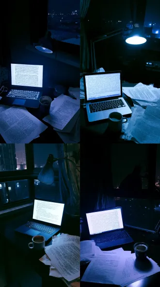 corner of a rental-room desk late at night: a laptop glowing cold, dense document chinese text on screen, a half-finished coffee, scattered printed manuscript pages, a switched-off desk lamp, sparse city lights outside the window. lonely, quiet, late-night-creation mood. cold blue key tone, single light source, documentary photography, film grain