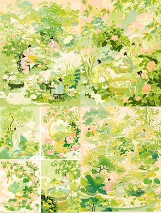 传统中医药插画，国风工笔风格，古雅药圃，温润医者，竹制药筛，宣纸纹理，柔漫自然光，暖赭石色调，平和治愈，传统韵味。