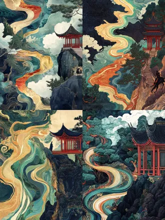 a surreal oriental aesthetic illustration. a winding, colorful, ribbon-like river flows through the air, featuring intricate traditional chinese embroidery and brocade textures in colors of red, gold, green, and dark blue. ancient, twisted pine trees grow along the river's edges. on the right side, an exquisite traditional chinese pavilion with flying eaves, red pillars, and black tiles stands on a rock. in the bottom right corner, a silhouette of an ancient chinese traveler riding a dark horse on a steep rock. the background is a massive negative space filled with ethereal ink-wash mist and clouds. gongbi painting style, blue and green landscape, neo-chinese surrealism, highly detailed, elegant, breathtaking, 8k resolution, masterpiece.
