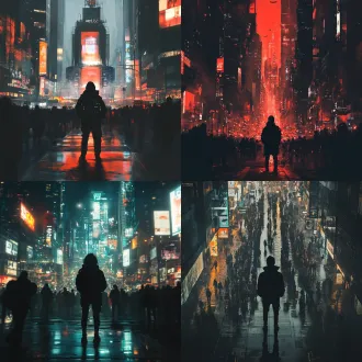 生成一张一个人站在城市的十字路口正中间，周围人来人往，人物背对镜头，背影显示出强烈的宿命感，要求赛博朋克风格