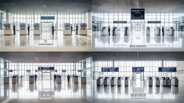 写实摄影，中国现代化高铁站进站安检大厅，宽敞高挑的室内空间，大面积竖向落地玻璃幕墙，充足自然日光，浅灰色高光抛光大理石地面，地面有玻璃与建筑结构倒影，4 套安检单元并排，每套设备顺序严格固定： 中间设立安检门安检门旁边；紧接着 x 光行李安检机；x 光机侧面设置电脑操作台识别图像用的并配备一名值机员；安检门前面站立一个安检员，背对这个镜头朝着安检门；每套通道的外侧前方独立放置处置台、处置岗；，天花板金属格栅吊顶，蓝色列车动态信息电子大屏，绿色安全出口指示标识，白色监控摄像头，透明玻璃隔断，简约现代钢结构建筑，干净整洁，空间通透，广角镜头，真实环境光影，细节丰富，8k，高清，纪实实拍，无夸张特效
