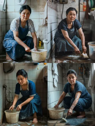 3:4竖版真实纪实摄影，中近景略仰视构图，一位50岁左右的中国家庭妇女蹲在卫生间地面刷洗瓷砖。她穿着深蓝色旧棉质家居服，腰间系着围裙，一手撑地一手握着旧塑料刷子用力刷洗地砖缝隙的污垢，姿态吃力自然。画面能看到洗手间局部：老旧的地砖有磨损和污渍，旁边塑料水桶里泡着抹布，墙角放着一瓶廉价洁厕灵，毛巾随意搭在门把手上，天花板一角有渗水发黄的痕迹。光线来自头顶日光灯和侧面窗户，偏冷白光，在湿地面上形成反射和淡淡水光。 人物脸部侧转朝向镜头方向，具有强烈的真实生活感：脸部皮肤有明显岁月痕迹，眼下有轻微眼袋和细纹，眼皮略松弛，皮肤纹理粗糙、毛孔可见，两颊有晒斑和淡斑，鼻头略泛红，嘴唇干燥有细纹，嘴角自然下垂显疲惫。头发随意夹在耳后，有碎发和白发。身材微胖，脖颈有颈纹，手背皮肤粗糙有关节皱纹。表情平静，眼神略显倦意但专注。 整体是真实家庭抓拍质感，轻微噪点，自然色偏，不要商业精修、不要磨皮美颜、不要摆拍感、不要滤镜。写实纪实摄影，50mm镜头，f/2.8，生活化真实氛围。