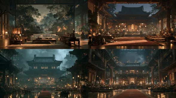 东方古典仙侠寝殿，16:9横画幅，宋式克制美学，arri alexa 35实拍，28mm电影广角镜头，午夜冷暖对峙布光，墨黑烟灰暗胡桃木旧铜金象牙白主色，单根朱砂红丝线焦点，细微木纹铜锈丝绸织纹，浮尘漫反射，沉静悬疑虐恋氛围感，无人物无特效。