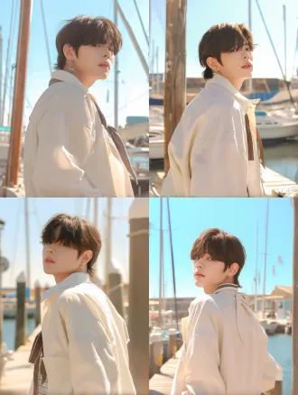 (masterpiece, best quality:1.2), 1boy, solo, handsome, highly detailed face, delicate facial features, dark brown fluffy short hair, bangs covering forehead, slight mullet hairstyle, looking back at viewer, over the shoulder, calm expression, soft gaze, beauty mark on face, small silver stud earring, wearing a loose white oversized jacket, striped inner shirt, brown ribbon necktie, sailor collar, (backlighting:1.3), sun glare, bright sunlight, cinematic lighting, lens flare, daytime, seaside, dock, blurred background, metal pillars, sailboat masts, 2.5d style, webtoon style, anime style, semi-realistic, digital painting, smooth shading, fresh atmosphere, soft colors, portrait, upper body.