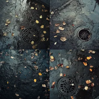 俯拍雨后居民区泥地角落，湿泥土落叶小垃圾半埋井盖，淡半透脚印叠泥土上，暗沉低饱和，灰蒙漫射天光，原生纪实，轻超现实，纸张拼贴颗粒感，构图克制，4:5