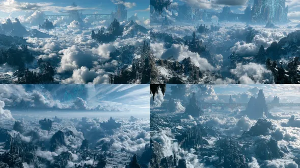 ultra-wide aerial environment shot of the same ancient eastern xianxia battlefield, viewed from the southwest toward the eastern sky and distant mountains. high-end semi-realistic 3d chinese fantasy animated film environment. preserve the central abyss, the distant direction of the broken bridge and the relative positions of the western and eastern mountain ranges below. multiple layers of floating mountains and majestic suspended celestial palaces rise through vast storm clouds. an enormous ancient protective formation stretches continuously across several distant peaks, with intricate restrained cyan-white runes and subtle antique gold structural lines. leave a vast, clear aerial combat corridor above the clouds. dynamic cloud layers with natural depth and directional flow, cold blue-gray ambient light, volumetric clouds, cinematic atmospheric perspective, realistic 3d terrain and architecture. the formation is a physical structure integrated into the landscape, not an abstract galaxy. no characters, no giant umbrella, no dragon, no specified attack, no collage, no text, no watermark.