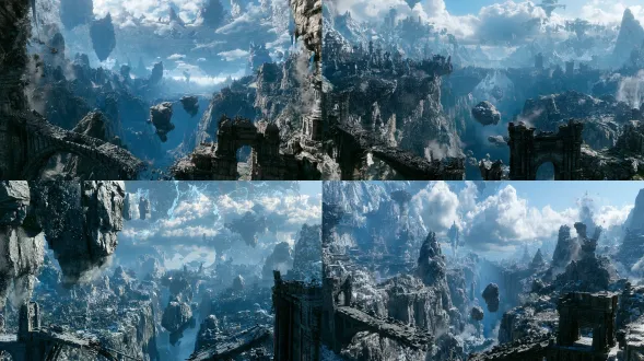 ultra-wide cinematic environmental reference of the same ancient eastern xianxia battlefield in its late-stage damaged condition. maintain the exact southwest viewing direction and original geography: foreground tilted broken bridge and damaged stone gate, central deep abyss and floating rock passage, distant layered floating mountains, shattered peaks, ancient sect ruins, suspended celestial palaces and the protective formation spanning the mountains. progressive cumulative battle damage only: additional sections of the broken bridge have collapsed, several mountain cliff faces are chipped and shedding rubble, localized cracks and dimmed cyan-white and antique gold runes appear along parts of the protective formation, storm clouds have been pushed apart into a broad corridor. small distant dust plumes and faint residual energy reflections. the landscape remains recognizable and structurally intact; no total destruction and no restored terrain. high-end semi-realistic 3d chinese xianxia animated film, cold blue-gray cinematic lighting, volumetric mist, realistic stone materials, clear environmental landmarks. no characters, no umbrella, no dragon, no new explosion, no collage, no text, no watermark.