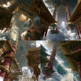 一座悬浮于万丈云海之上的中式天宫，尺度夸张到极致：千丈朱红巨柱直插云层，柱身缠满鎏金蟠龙，柱径粗到需百人合抱。层叠的重檐庑殿顶以金琉璃覆瓦，屋檐层层出挑如巨鸟展翼，檐下斗拱密如林莽，每一朵斗拱都有一间房屋大小。无数汉白玉阶梯自云海中升起，盘旋交错、望不到尽头；阶梯尽头是九重宫门，门钉如巨鼓。宫殿中央的藻井直径数百米，金丝蟠龙盘绕，自下仰视如一口倒悬的金色深井。前景是一座悬空石台，台上只有一个身披朱红长袍的渺小身影，衣袂被高空强风掀起，人物高度不及一根柱础，以极端大小对比制造压迫性的崇高感。 光线为低角度逆光穿透云层，体积光如巨大光柱自天穹倾泻，雾霭在殿宇间流动，朱红、鎏金与青绿冷雾形成强烈冷暖对比。超广角 14mm 极端仰视构图，建筑向上无尽延伸并冲出画面，空气透视与巨大景深，电影级质感，超写实，8k 细节，东方玄幻史诗氛围。