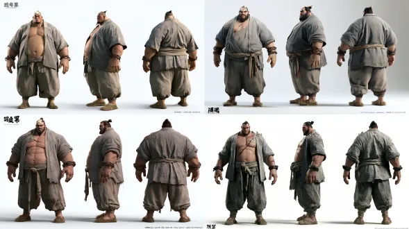 【构图与镜头】王者荣耀皮肤cg质感，3d动画渲染，电影级布光；三视图角色设定图，纯白素底无场景无道具，正面、侧面、背面三个全身像等宽等距横排，每个占画面宽度约三分之一、高度约九成，三张大小完全一致，头顶留白、双脚完整入画。50mm 标准焦段，f/8 深景深，三个角度全部清晰。 【人物与动作】三十上下的壮汉，方脸浓眉，鼻梁上一道旧疤，肩膀宽得像一扇门；站的时候两手垂着，手指粗、关节大，是干粗活的手。 【衣着】灰布短褂、粗布裤，腰上缠着布带，脚踩草鞋。 【龙性细节】额角左侧一截龙角被锯断，断口磨得平，边沿一圈发白的旧疤，断口周围皮肤还留着几片细鳞；两侧手腕各一圈铁镣磨出来的深疤，皮肉陷下去一道沟。 【光影与质感】冷调侧光把肌肉的体积分出明暗，锁骨和肩背的沟很深；断角的锯面在光下泛一点骨白，疤是暗红的。后期统一冷色调、压暗部、柔化高光边缘，保持纯cg渲染质感，不出现实拍皮肤纹理。 【负向】避免过曝、杂乱配色、水印、文字、黑边、多余手指、面部模糊、比例失调、多人同框、写实真人质感、三视图大小不一、两只龙角。