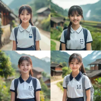 a 15-year-old singaporean girl of chinese descent, warm light tan skin, round oval face with soft apple cheeks. bright single-eyelid almond eyes, dark brown pupils full of curiosity, smiling shyly with crescent-shaped eyes. small straight nose, slightly upturned nose tip. neat black medium-length hair tied in a mid-low ponytail with light air bangs. wearing a clean white short-sleeve polo shirt with a dark blue school badge, dark navy pleated skirt, white ankle socks, and simple white canvas shoes. a light gray backpack with a cute panda plush keychain. standing in the beautiful green mountains of guizhou, china, with miao village wooden houses or a distant waterfall in the background. warm afternoon sunlight, soft and natural lighting, youthful travel vibe, sincere and hopeful expression. photorealistic style, portrait shot.