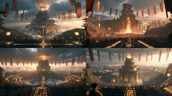 in the grand dan city of the fantasy world, a circular city suspended above the sea of clouds, the center features a nine-story bronze giant altar-shaped arena. the body of the altar is engraved with flowing golden dan symbols, and the symbols emit a golden glow. the arena is surrounded by a series of circular stone steps seating areas, filled with silhouettes of monks from various sects. the sky is a lowered lead-gray cloud layer, with dozens of red-chestnut banner flags hanging from the gaps between the clouds. the ground is dark black stone slabs, with luminous golden guiding patterns embedded in the cracks. the overall lighting is in a dark field, with the only main light source being the golden dan fire rising from the opening of the altar and the floating symbol gold lanterns on the seating areas. it is a cinematic wide-angle panoramic shot, taken from a low-angle perspective, with an epic composition, volumetric light fog, 8k ultra-fine resolution, and an eastern fantasy realistic style.