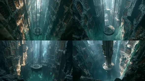 the underground prison in the fantasy world is a vertical deep well prison carved into black basalt. the four walls are lined with honeycomb-shaped stone cells, each cell featuring rusty bronze bars. in the center of the bottom of the well, there is a circular stone platform suspended by chains. the surface of the stone platform is engraved with dark sealing patterns. the grooves on the four walls are flowing with dark blue soul flames, which are the only source of light, stretching shadows extremely long and distorted. there are floating ashes and a thin layer of corrosive green toxic fog in the air. the overall environment is almost completely black, with high contrast between light and dark, creating a depressing and suffocating atmosphere. it has a cinematic mid-shot, a cold and composed composition, volumetric toxic fog columns, 8k ultra-fine resolution, and an eastern fantasy realistic style.