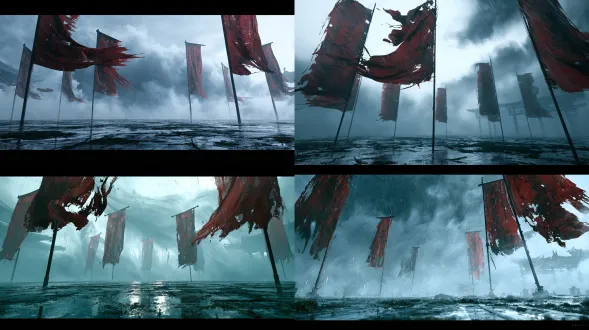 scene concept image, with cinematic camera angle. the martial arts competition platform of the immortal sect. the slippery, bluish-gray stone floor is covered with moss, and the stone surface has a mirror-like texture reflecting the raindrops. eight faded red flagpoles stand around, with the flag surface bearing the words "qinglan sect". the fabric is blown by the wind, making it flap and have holes. the background is a thick layer of bluish-gray mist. the mist flows in three layers, and the outline of the eaves and brackets can be vaguely seen in the distance. the light is a 45° cold white soft light from the front in the morning, forming clear diffracted light缝隙 in the fog， with a color temperature of cold grayish blue. the shot is taken at a low angle of 15°， wide angle， 8k ultra-high definition， with realistic movie texture.
