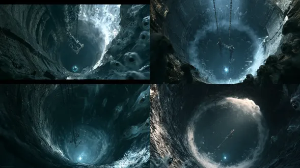 scene concept illustration. inside a huge vertical downward ancient well, the well wall is made of black basalt, with ancient runes that have long been worn smooth etched on the surface, disappearing into the bottom that is deep and unfathomable. at the bottom, a punishment frame made of iron chains and bones is suspended, and countless translucent human-shaped remnants of souls float around, their mouths wide open and silently wailing. the only light source in the picture is a small blueish soul fire in the center of the bottom of the well, which illuminates a very small area and is completely black with no noise. the resentment condenses into a grayish-white fog band that slowly rises. from a 90° bird's-eye view of the god's perspective, 8k ultra-high definition, extremely high contrast, with pure black in the dark areas without noise.