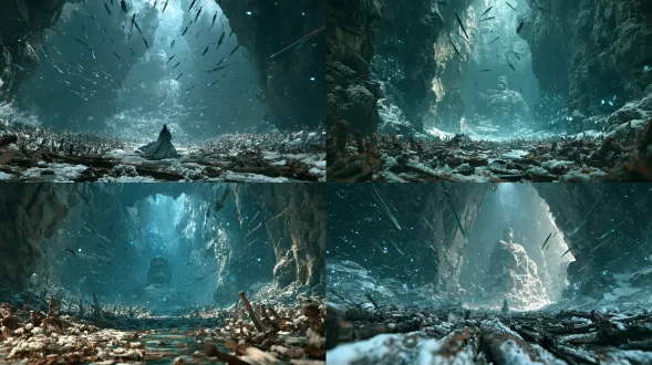 scene concept illustration. the massive underground sword tomb. the ground is covered with tens of thousands of rusty and broken ancient swords, with their handles facing in different directions and their blades covered with white frost. hundreds of intact flying swords are suspended in the air, rotating slowly, with their bodies emitting a cold light that is a mixture of dark blue and green bamboo. in the distance, there is a huge stone statue partially buried underground, with only the upper part remaining. blue-white light points and fine iron shavings are floating in the space. there is no natural light source; all the light comes from the self-luminosity of the sword blades. shot from a low angle at 25°, ultra-wide angle, 8k ultra-high definition, with a realistic film texture, emphasizing the contrast between the metal rust and the self-luminosity.