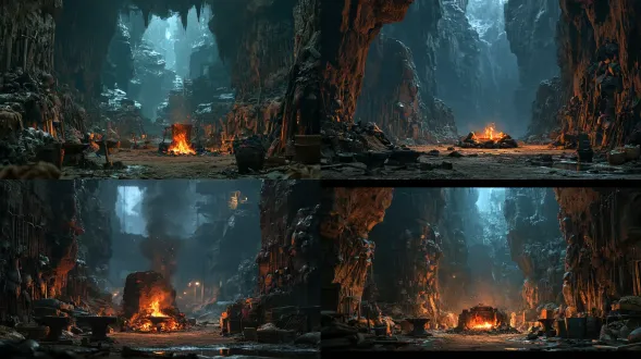 scene concept drawing. a secret stronghold hidden beneath the hermit city, small in size but with high ceilings. the walls all around are adorned with various swords and broken armor. in the center is a charcoal stove, with an orange-red flame. this is the only warm light source in the picture, and sparks are rising upwards. the ground is a compact layer of soil, scattered with iron anvils, hammers, and water-quenched buckets. in the corner, there are medicine baskets and files. the strong contrast between warm orange and cold blue, with the highlight coming from the stove flame, and the shadows being very dark. the dutch corner is tilted at 12°, 8k ultra-high definition, with a realistic film-like texture, emphasizing the real physical textures of metal, charcoal fire, and dust.