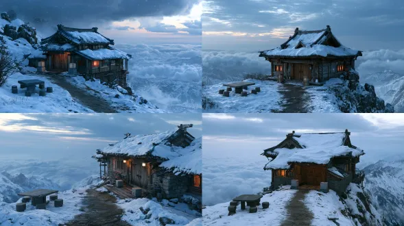 cinematic realistic empty-shot background plate, 16:9 aspect ratio, medium wide shot. a solitary single-story ornate ancient chinese wooden-stone cottage sits atop a snow-capped mountain. thick snow covers its ancient chinese sloped cyan roof. the cottage features an ancient double solid wood door, with two low square stone pillars at the wooden entrance. a square stone table stands on the left, surrounded by four round stone stools. a dirt path stretches down the mountainside. snow blankets the ground, boundless sea of churning clouds lies below, and snow-covered mountain ranges stretch into the distance. cool blue-grey diffused skylight, warm orange glow seeping out from the windows. 24mm lens, aperture f/8, deep depth of field, drifting snowflakes, photorealistic snow textures and weathered wood grain. image style: cinematic portrait photography, cinematic composition, layered light and shadow with rich color gradation.