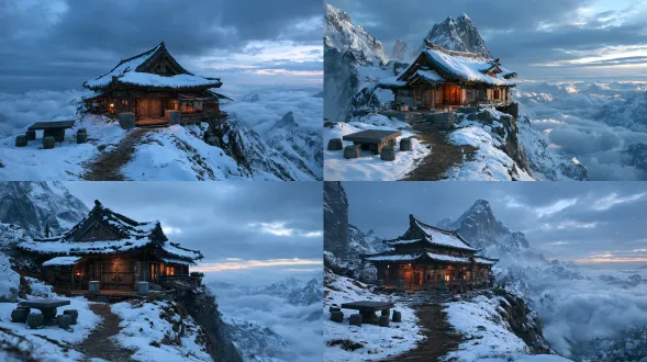 cinematic realistic empty-shot background plate, 16:9 aspect ratio, medium wide shot. a solitary single-story ornate ancient chinese wooden-stone cottage sits atop a snow-capped mountain. thick snow covers its ancient chinese sloped cyan roof. the cottage features an ancient double solid wood door, with two low square stone pillars at the wooden entrance. a square stone table stands on the left, surrounded by four round stone stools. a dirt path stretches down the mountainside. snow blankets the ground, boundless sea of churning clouds lies below, and snow-covered mountain ranges stretch into the distance. cool blue-grey diffused skylight, warm orange glow seeping out from the windows. 24mm lens, aperture f/8, deep depth of field, drifting snowflakes, photorealistic snow textures and weathered wood grain. image style: cinematic portrait photography, cinematic composition, layered light and shadow with rich color gradation.