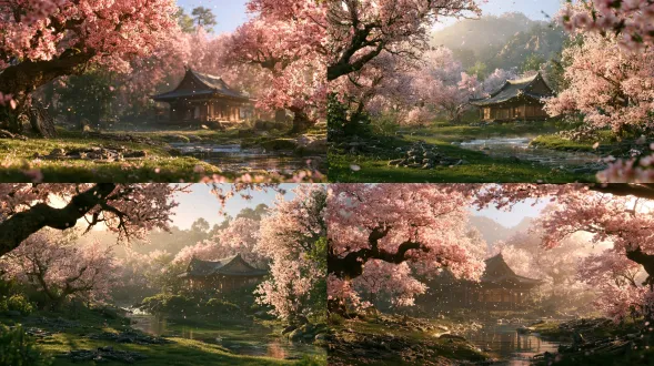 cinematic empty location plate, 16:9, a wooden house deep in a peach-blossom valley, peach trees in full bloom around it, strange mechanical stone arrays scattered on the grass, a clear stream circling the house, petals drifting in the air. soft golden afternoon sunlight through blossoms, 35mm, f/4, deep depth of field, light haze, photorealistic petals and stone texture.