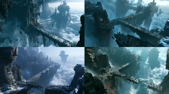 上古仙侠秘境宗门战争全景，斜俯视超远景，16:9画幅，半写实3d东方仙侠动画风，冷蓝灰环境光，体积雾，电影级全局光照，断桥破损石门，深渊裂谷浮石通道，多层浮空山宗门遗址悬空仙宫，护山大阵，风暴云海，修士剪影阵纹光点坠落残片，石材纹理纵深层次，无人物无文字水印，肃穆苍凉